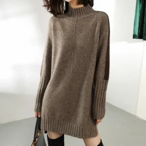 Women Autumn Winter Sweater Knitted Dresses Women Fashion Turtleneck Long Sweater Dress Ladies Warm Split Sweater Dress