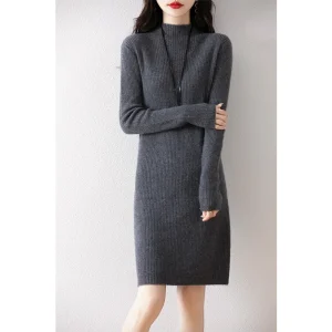 New 100% Merino Wool Knitted Women's Dress Hot Selling in Winter Autumn and Winter Women's Dress Slimming Long Women's Dress