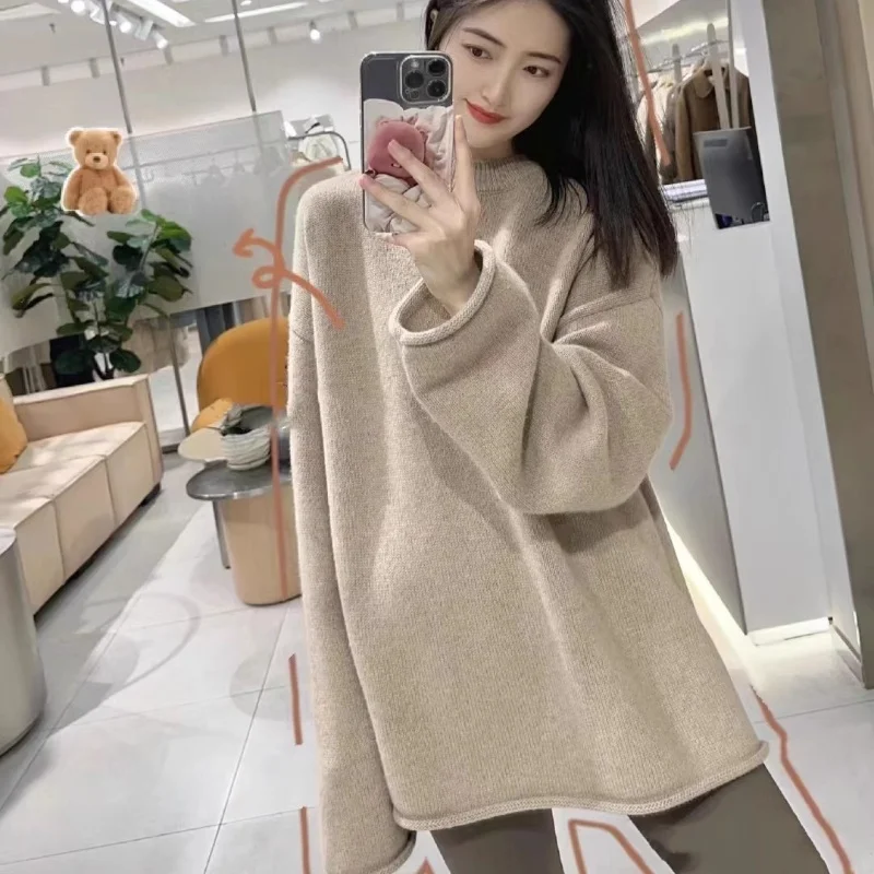 100% pure wool women's sweater O-neck knitted pullover loose Korean version hot selling fashionable cashmere sweater - Image 3