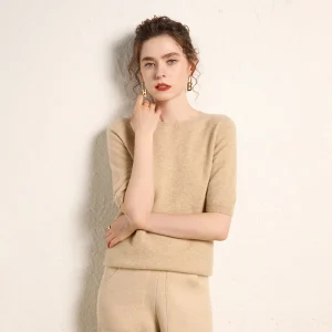 100% cashmere women's sweater short sleeved knitted O-neck five quarter sleeve fashionable hot selling women's T-shirt