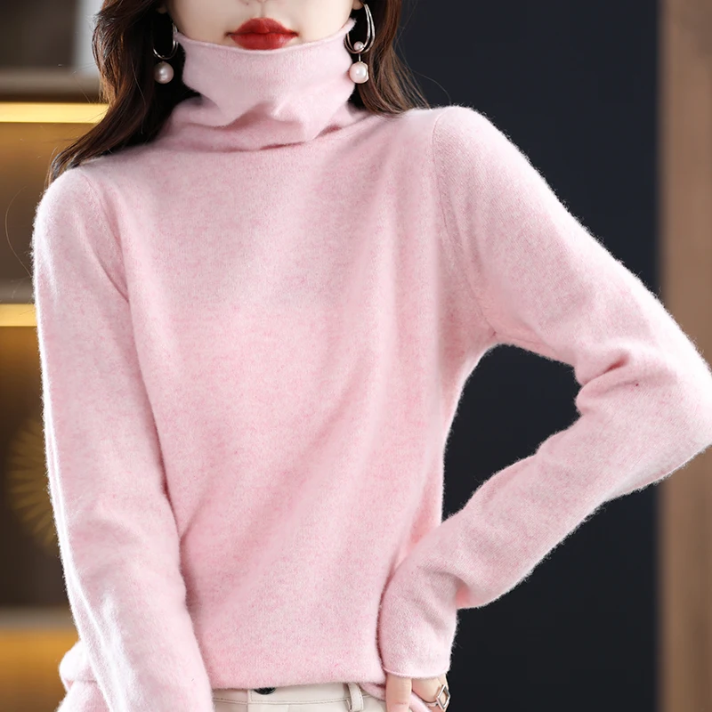 100% Pure Wool Cashmere Sweater Women's High Collar Pullover Casual Knit Top Autumn Winter Women's Jacket Korean Fashion - Image 5