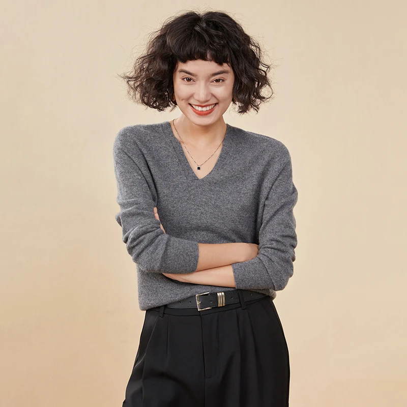 Autumn And Winter New Women's Cashmere Sweater 100% Pure Cashmere V-neck Knitted Pullover Long Sleeved Hot Selling Women's Top - Image 4