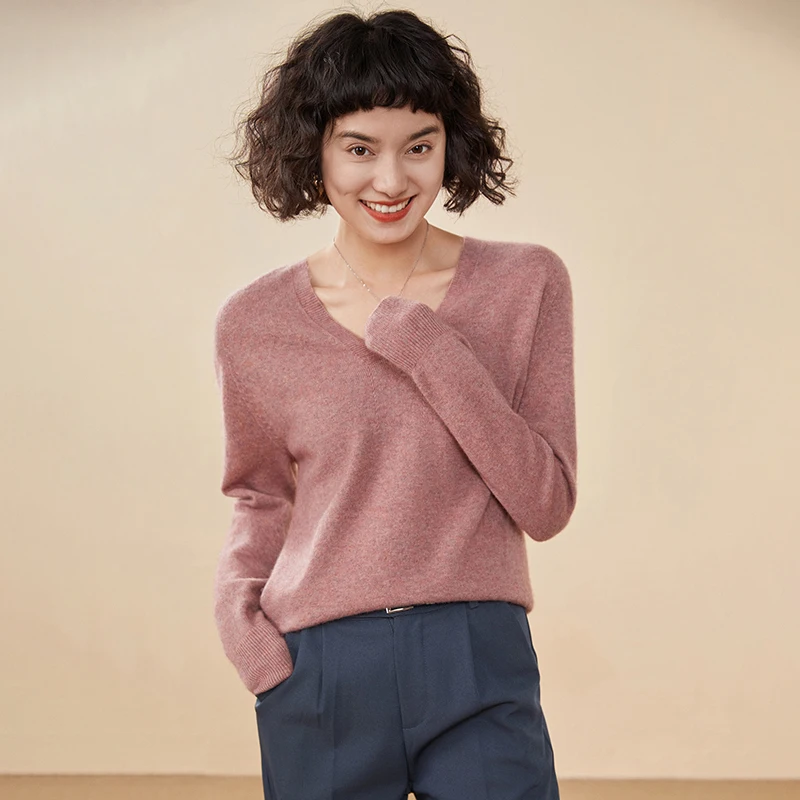Autumn And Winter New Women's Cashmere Sweater 100% Pure Cashmere V-neck Knitted Pullover Long Sleeved Hot Selling Women's Top - Image 5