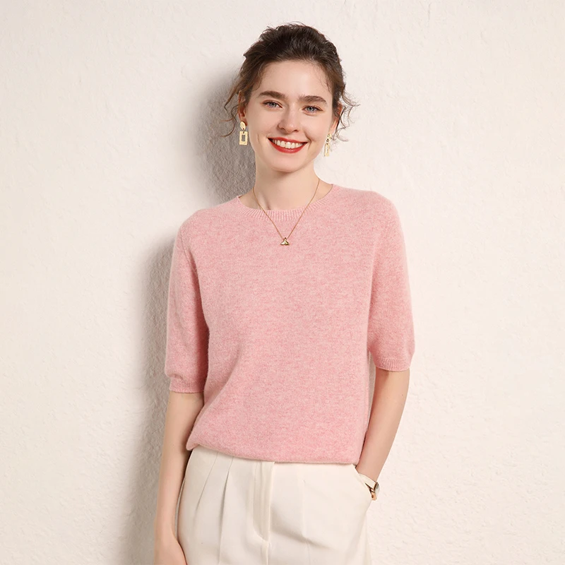100% cashmere women's sweater short sleeved knitted O-neck five quarter sleeve fashionable hot selling women's T-shirt - Image 3