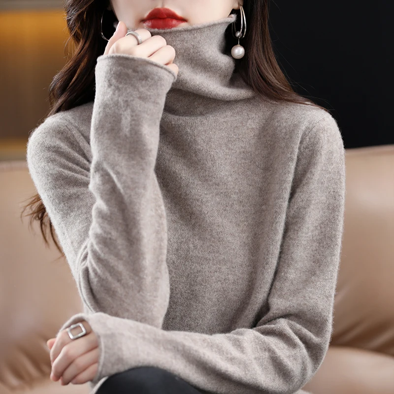 100% Pure Wool Cashmere Sweater Women's High Collar Pullover Casual Knit Top Autumn Winter Women's Jacket Korean Fashion