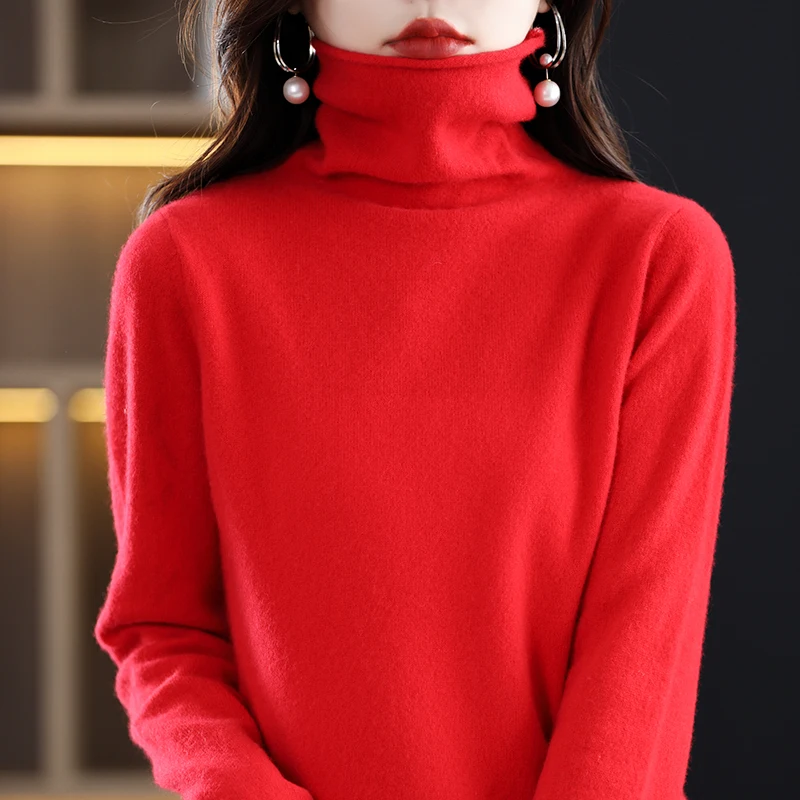 100% Pure Wool Cashmere Sweater Women's High Collar Pullover Casual Knit Top Autumn Winter Women's Jacket Korean Fashion - Image 2