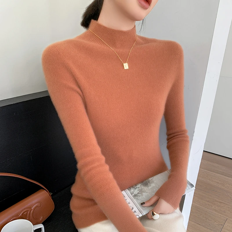 Autumn and Winter New Women's Cashmere Sweater 100% Pure Cashmere Semi High Neck Women's Pullover Soft Basic Women's Top - Image 6