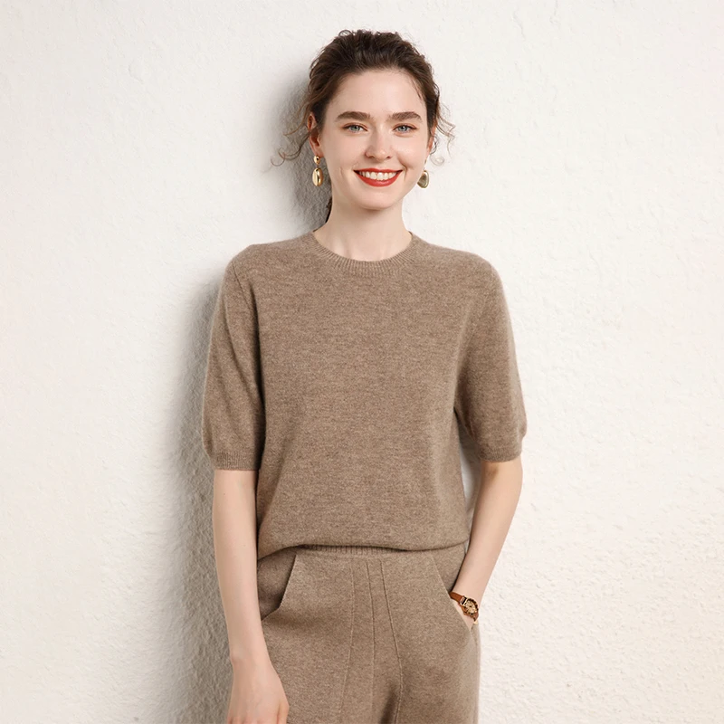 100% cashmere women's sweater short sleeved knitted O-neck five quarter sleeve fashionable hot selling women's T-shirt - Image 4