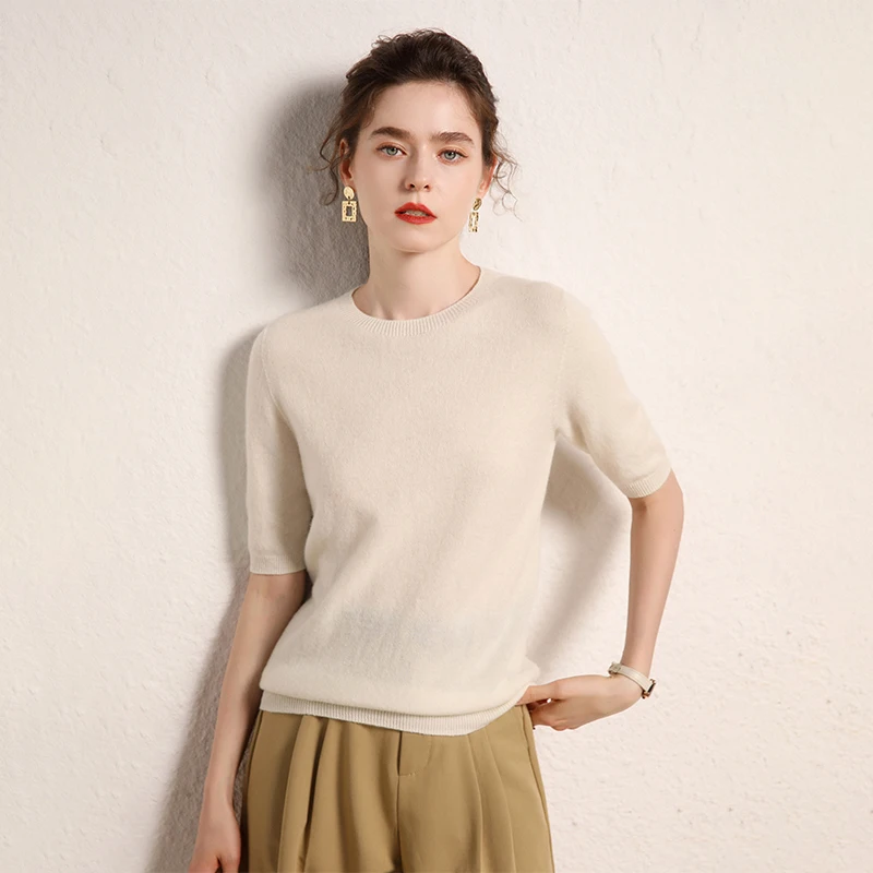 100% cashmere women's sweater short sleeved knitted O-neck five quarter sleeve fashionable hot selling women's T-shirt - Image 5