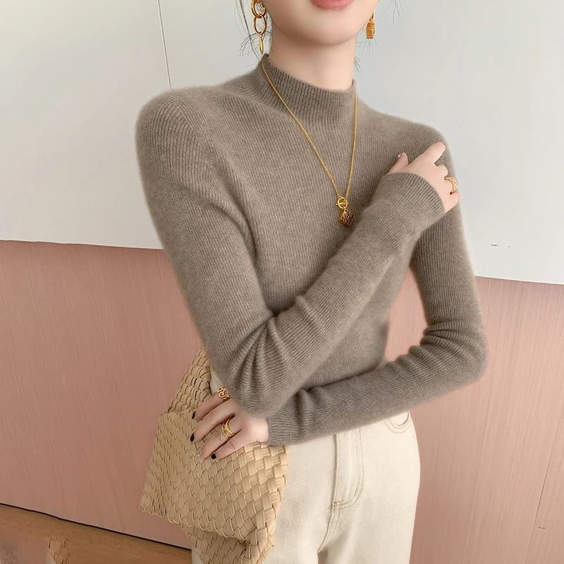 Autumn and Winter New Women's Cashmere Sweater 100% Pure Cashmere Semi High Neck Women's Pullover Soft Basic Women's Top - Image 2