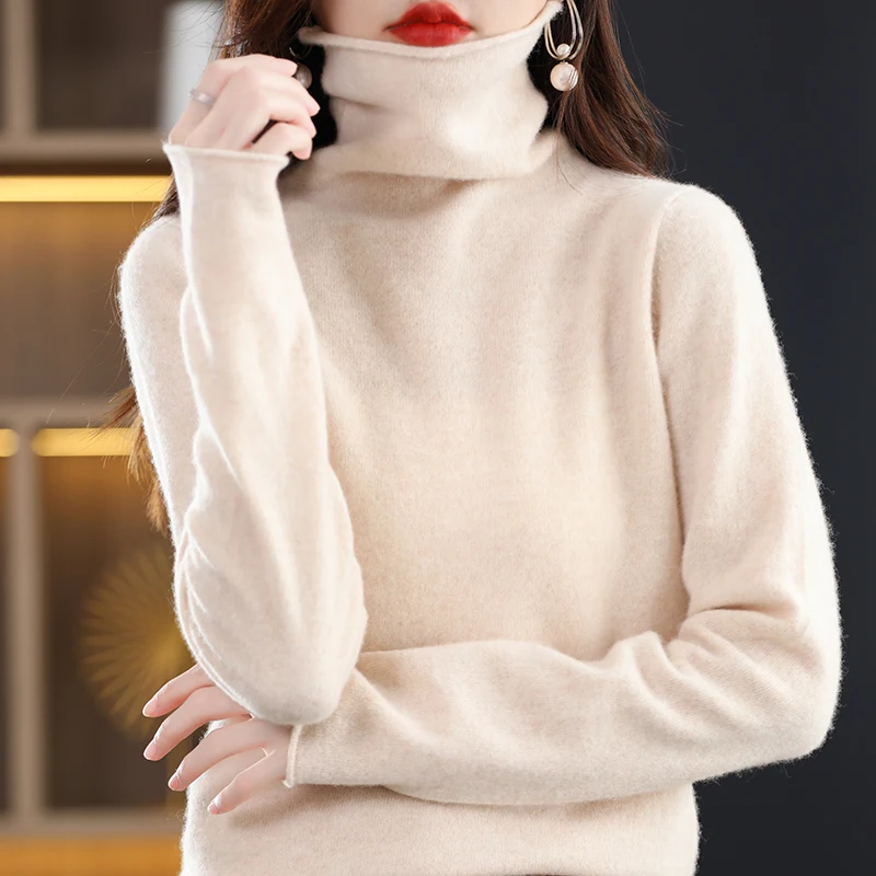 100% Pure Wool Cashmere Sweater Women's High Collar Pullover Casual Knit Top Autumn Winter Women's Jacket Korean Fashion - Image 6
