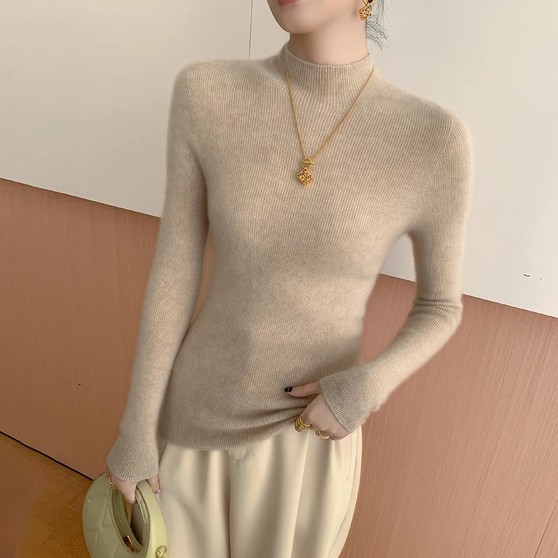 Autumn and Winter New Women's Cashmere Sweater 100% Pure Cashmere Semi High Neck Women's Pullover Soft Basic Women's Top - Image 5
