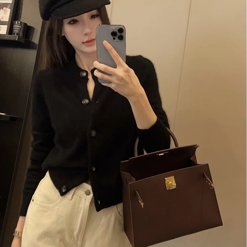 Autumn and Winter New 100% Pure Wool Cardigan Sweater Women's Knitted High Quality O-neck Women's Cashmere Coat Sweater - Image 3