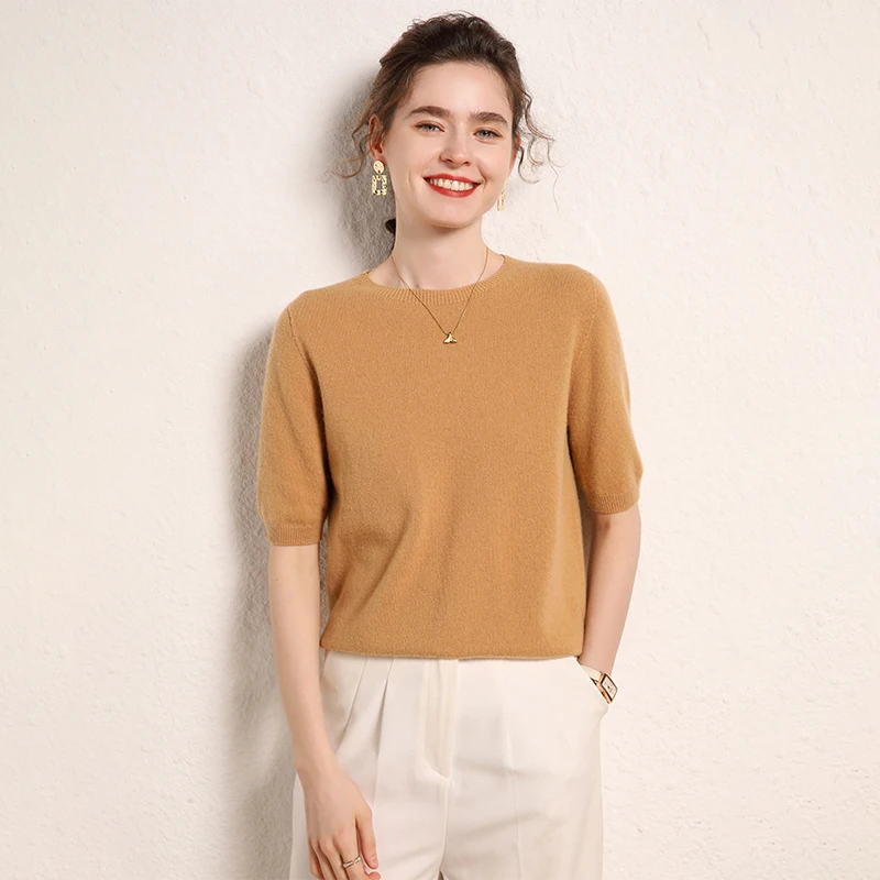 100% cashmere women's sweater short sleeved knitted O-neck five quarter sleeve fashionable hot selling women's T-shirt - Image 2